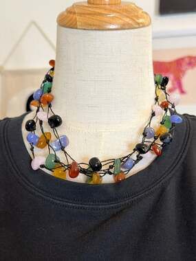 AeraVida Cotton Wax Rope Floating Multi Stone Triple Strand Necklace